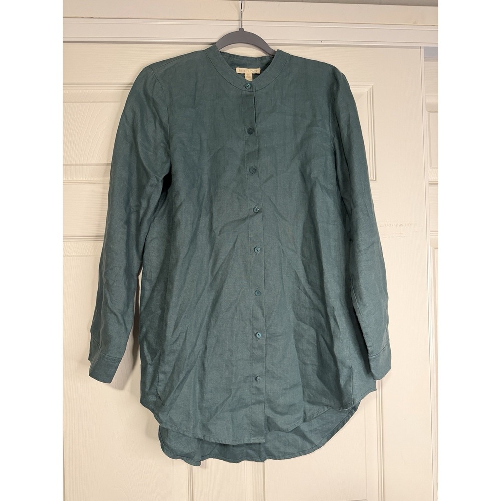Eileen Fisher Organic Linen Green Long Sleeve Tunic Top Mandarin Collar Coastal
